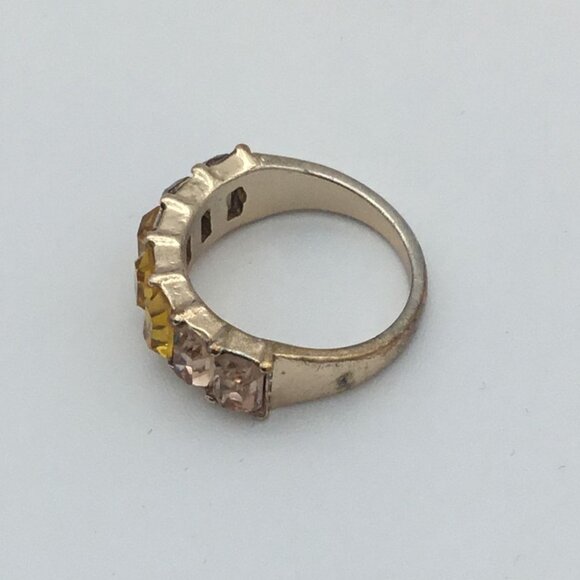 10K Gold Plate 7 Stone Emerald Cut Fashion Eternity Ring Sz 7.25 Amber Shades - Picture 4 of 7